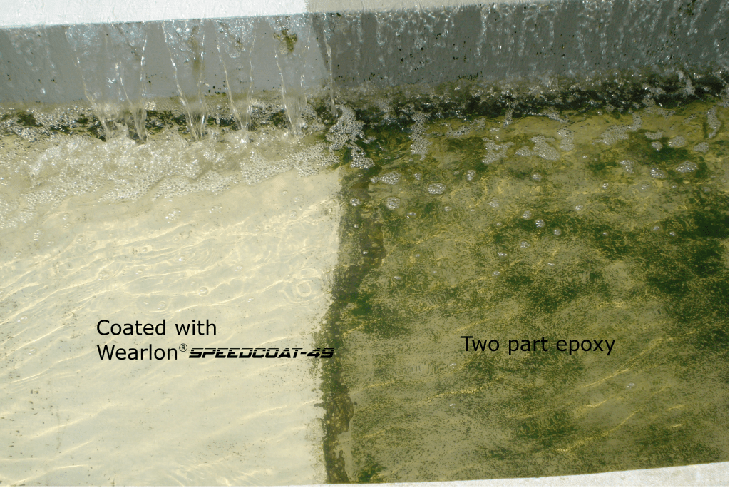 Picture illustrates algae growing on a standard two-part epoxy surface, while the Wearlon Speedcoat-49 coated surface is nearly algae free. This picture comes from testing different epoxies on the secondary clarifier at a water treatment facility.