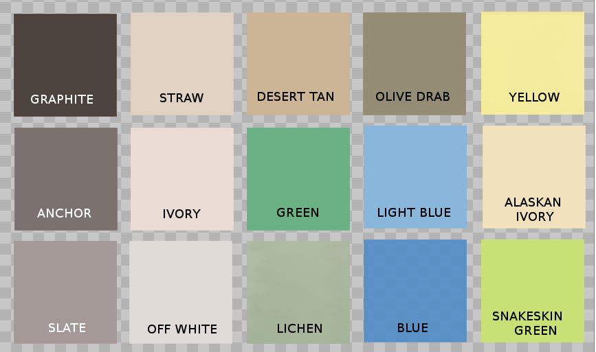 Chart of all the colors Speedcoat -49 comes in including Graphite, Anchor, Straw, Slate, Straw, Ivory, Off White, Desert Tan, Green, Lichen, Olive Drab, Light Blue, Blue, Yellow, Alaksan Ivory, and Snakeskin Green.